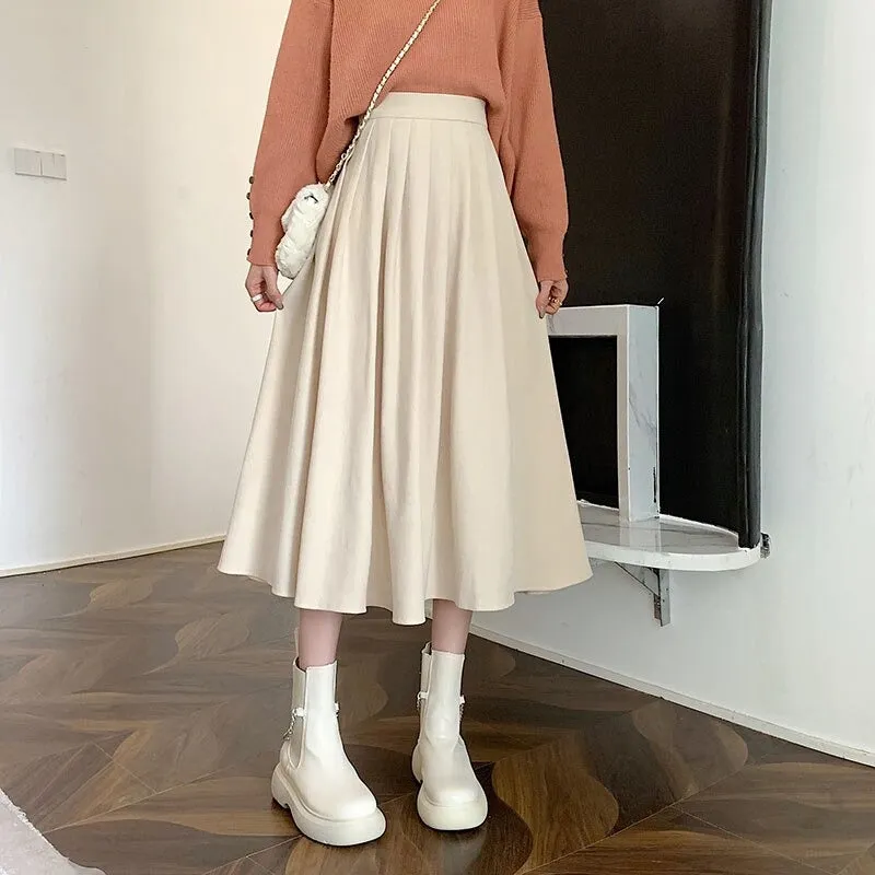 Thick High-Waisted Solid-Colored Pleated Midi Skirts