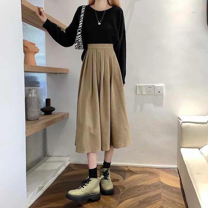 Thick High-Waisted Solid-Colored Pleated Midi Skirts