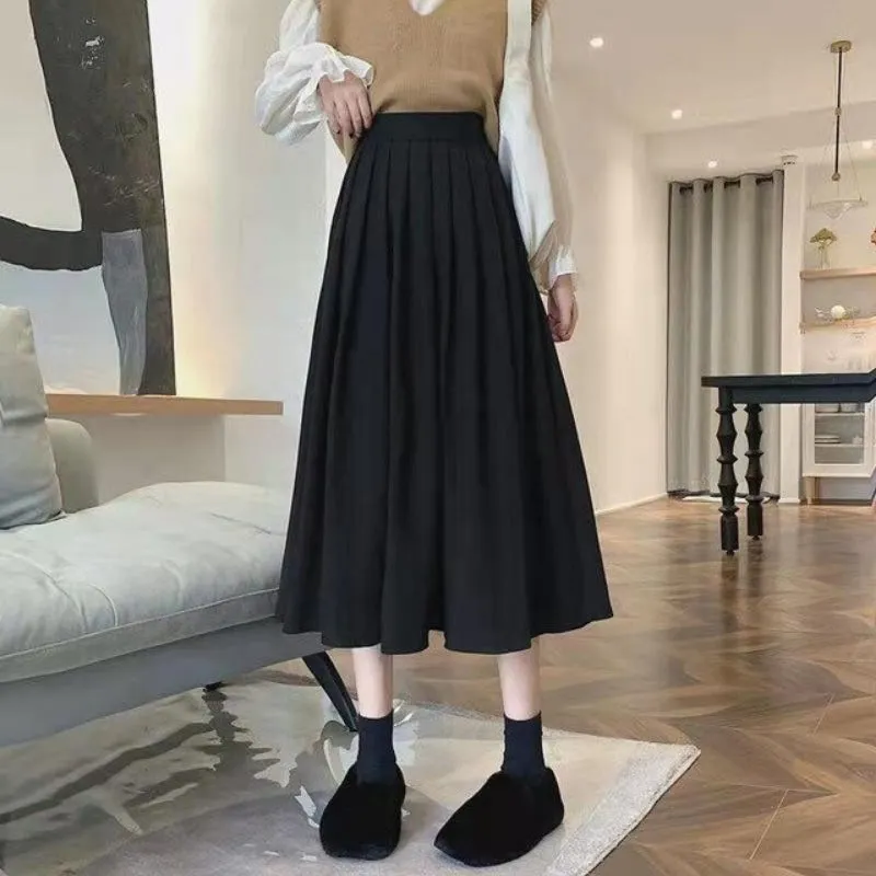 Thick High-Waisted Solid-Colored Pleated Midi Skirts