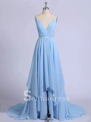 Thigh Split Sky Blue Rustic Wedding Dresses Prom Dress Beach Wedding Gown with Court Train SE009