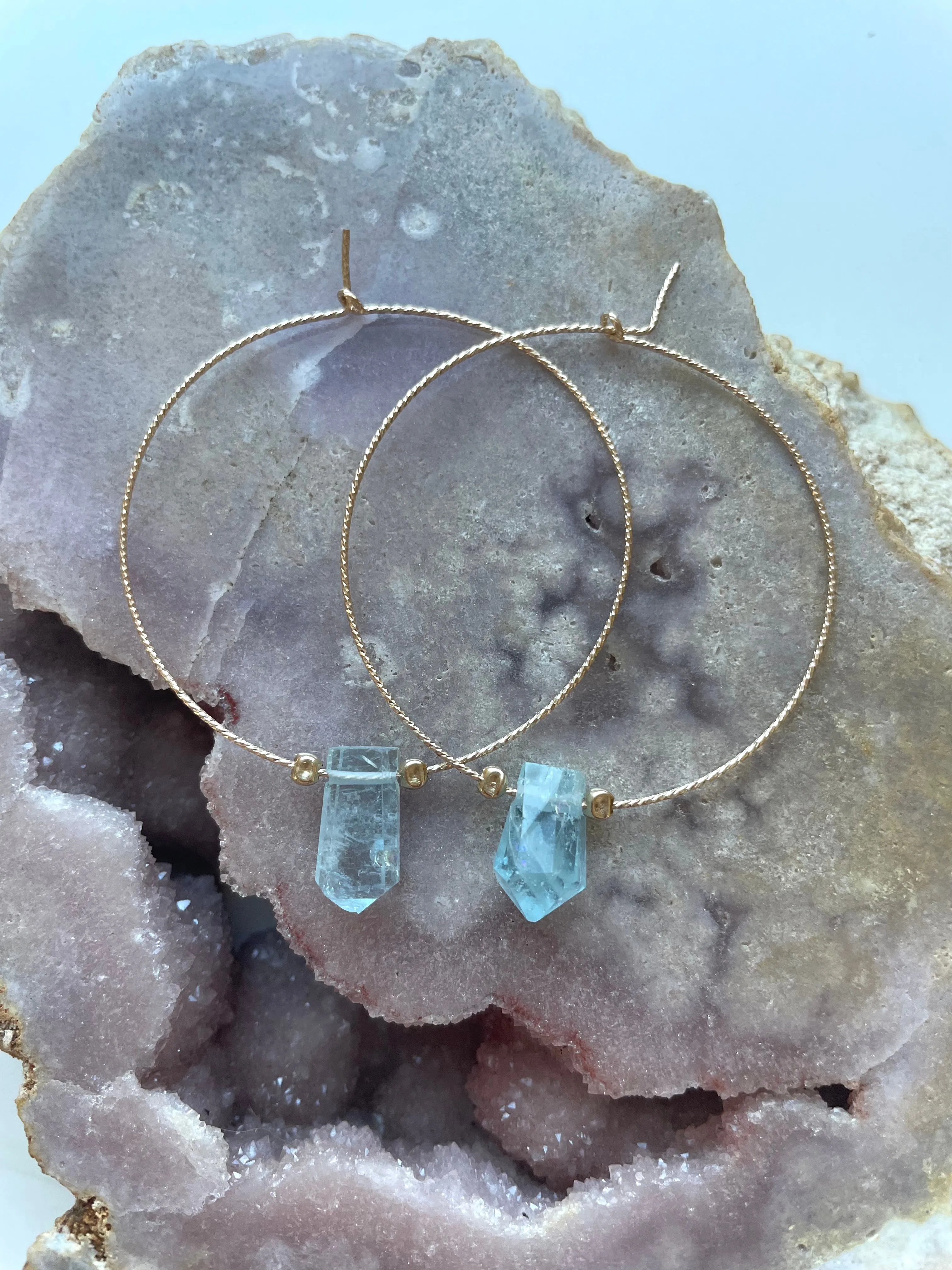 Thin Aquamarine Boho Hoop Earrings Gold Filled