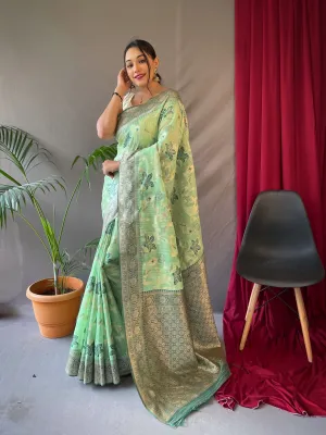 Thistle Green Saree in Cotton Linen