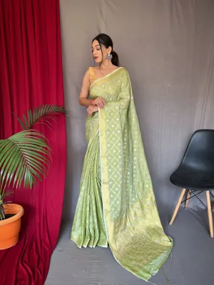 Thistle Green Saree in Shangrila Cotton Rose Gold