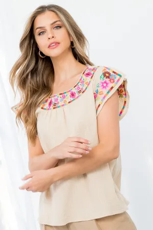 THML Ivory Embroidered Flutter Sleeve Top