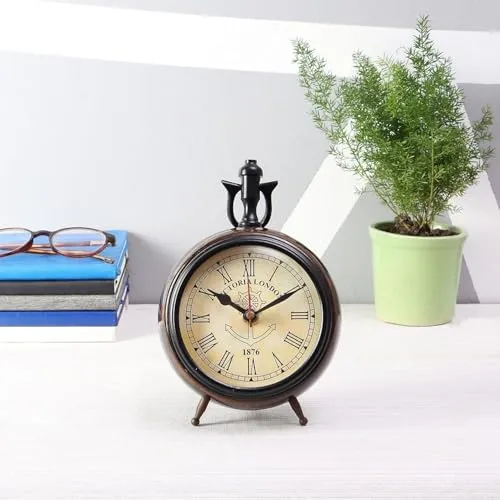 Thomson Handicraft Handmade Antique Wooden Table Top Clock Desk Clock Nautical Style Roman Number Home & Office Study Living Room Decoration Gift Item (Brown)