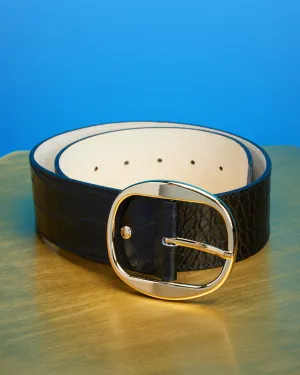 Thornton Wide Leather Belt in Croc-Embossed Rich Black