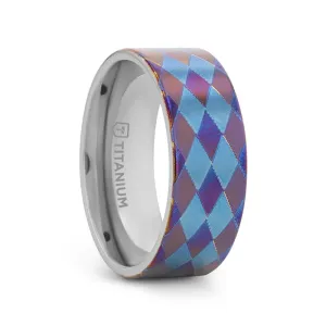 Thorsten Meridian Titanium Flat Profile Wedding Band w/ Purple & Blue Diamond Pattern (8mm) M0623-BBTI