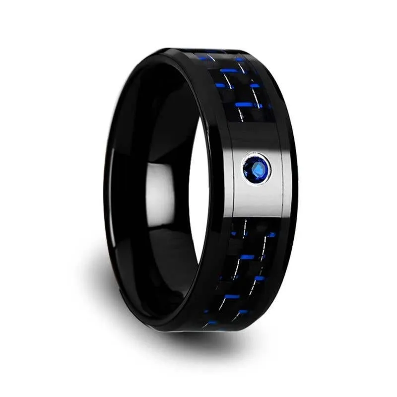 Thorsten ODELL Black Ceramic Ring Black and Blue Carbon Fiber Blue Sapphire Setting - 8mm