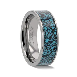 Thorsten TURKUAZ Crushed Turquoise Inlay Tungsten Men's Wedding Band With Flat Polished Edges - 8mm