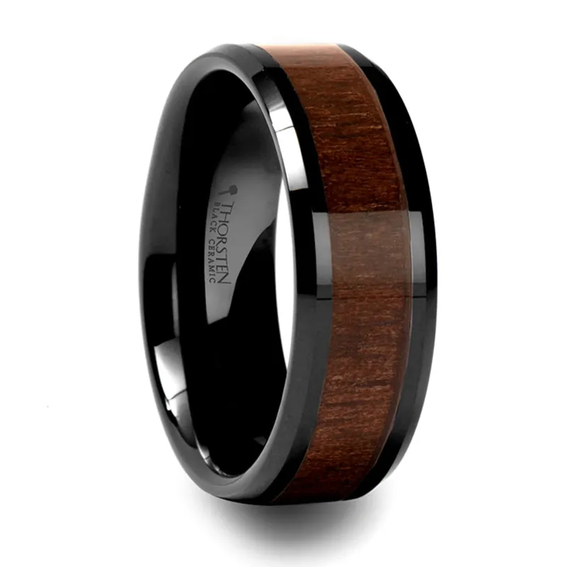 Thorsten Yukon Black Ceramic Ring w/ Black Walnut Wood Inlay & Beveled Edges (8mm) C772-BWIC