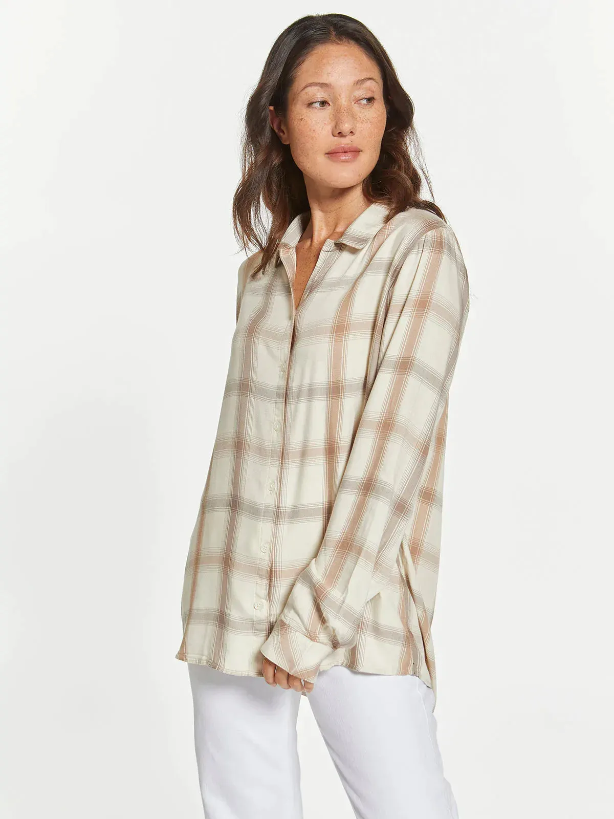 Thread & Supply Clarissa Cream Taupe Button Down Top