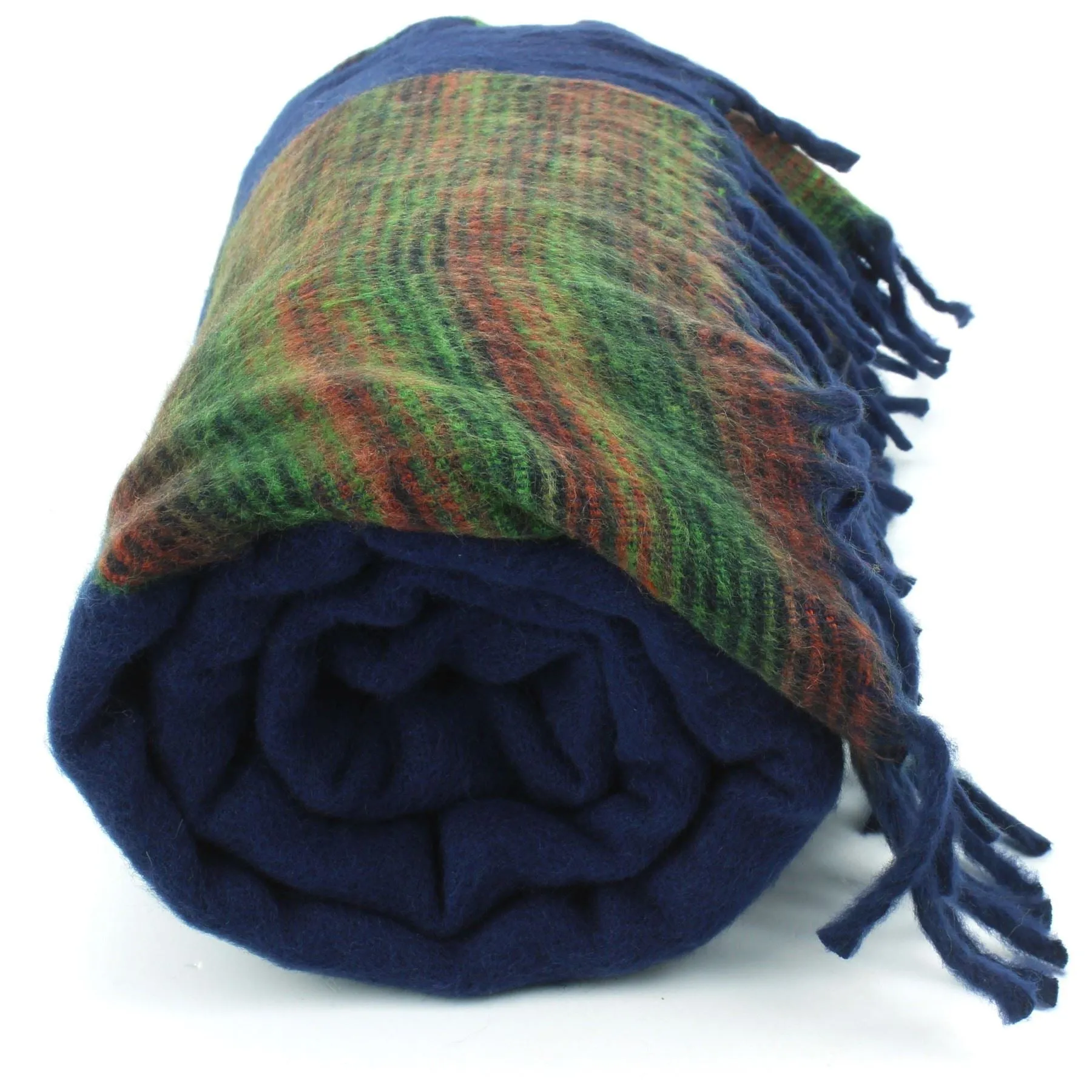 Tibetan Wool Blend Shawl Blanket - Navy with Green & Red Reverse