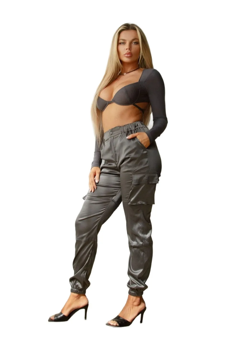 TIC TOC - Satin Cargo -  High Waist Joggers