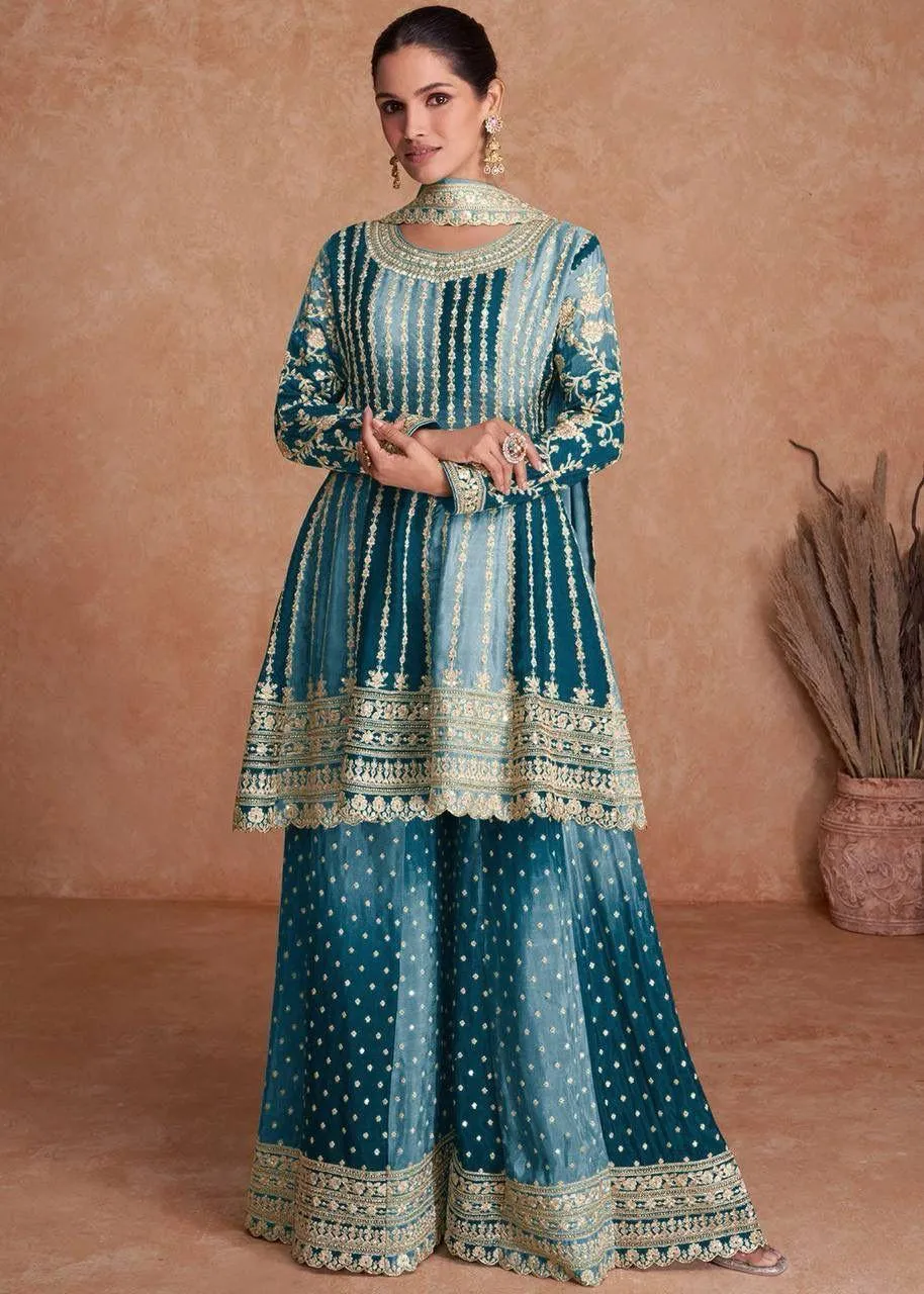 Tie-Dye Chinon Suit with Coding Work, Sharara & Dupatta Set