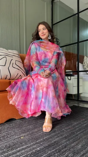 Tie-dye Print Pink Color Attractive Anarkali Suit