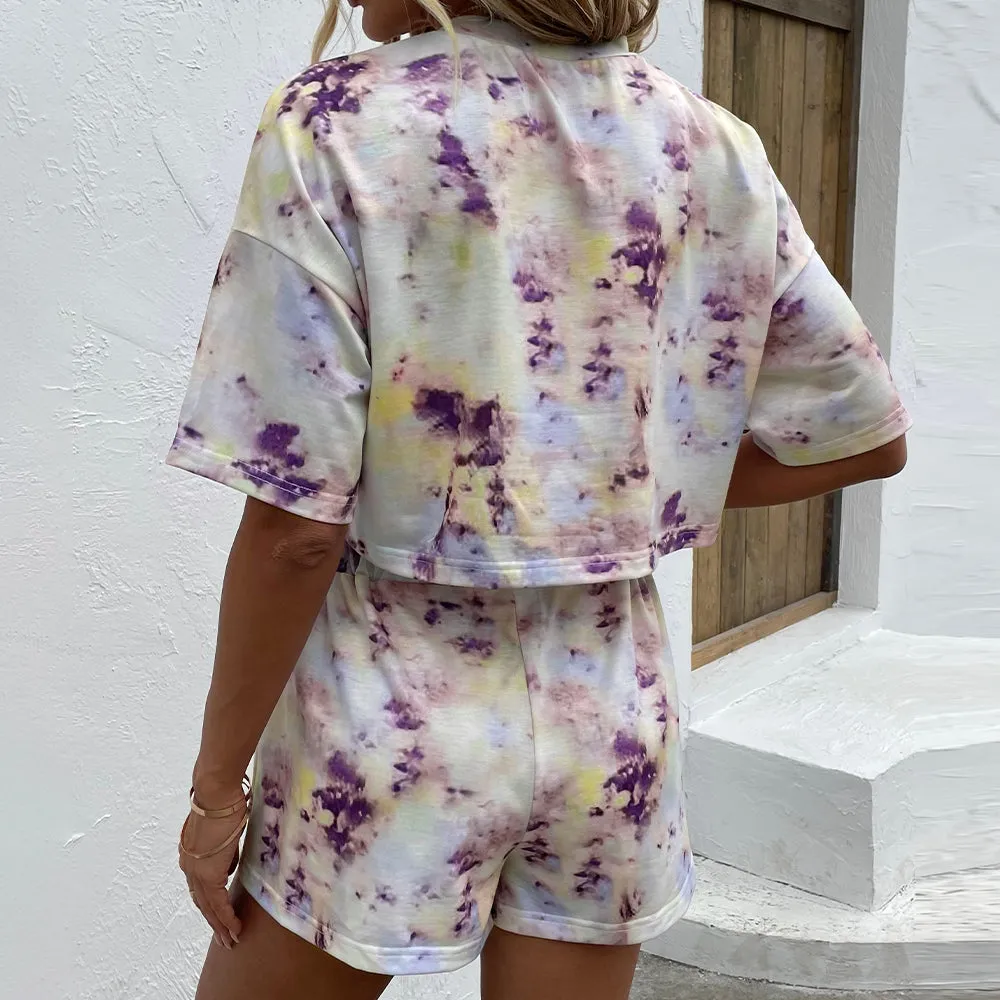 Tie Dye Round Neck Dropped Shoulder Top and Shorts Set