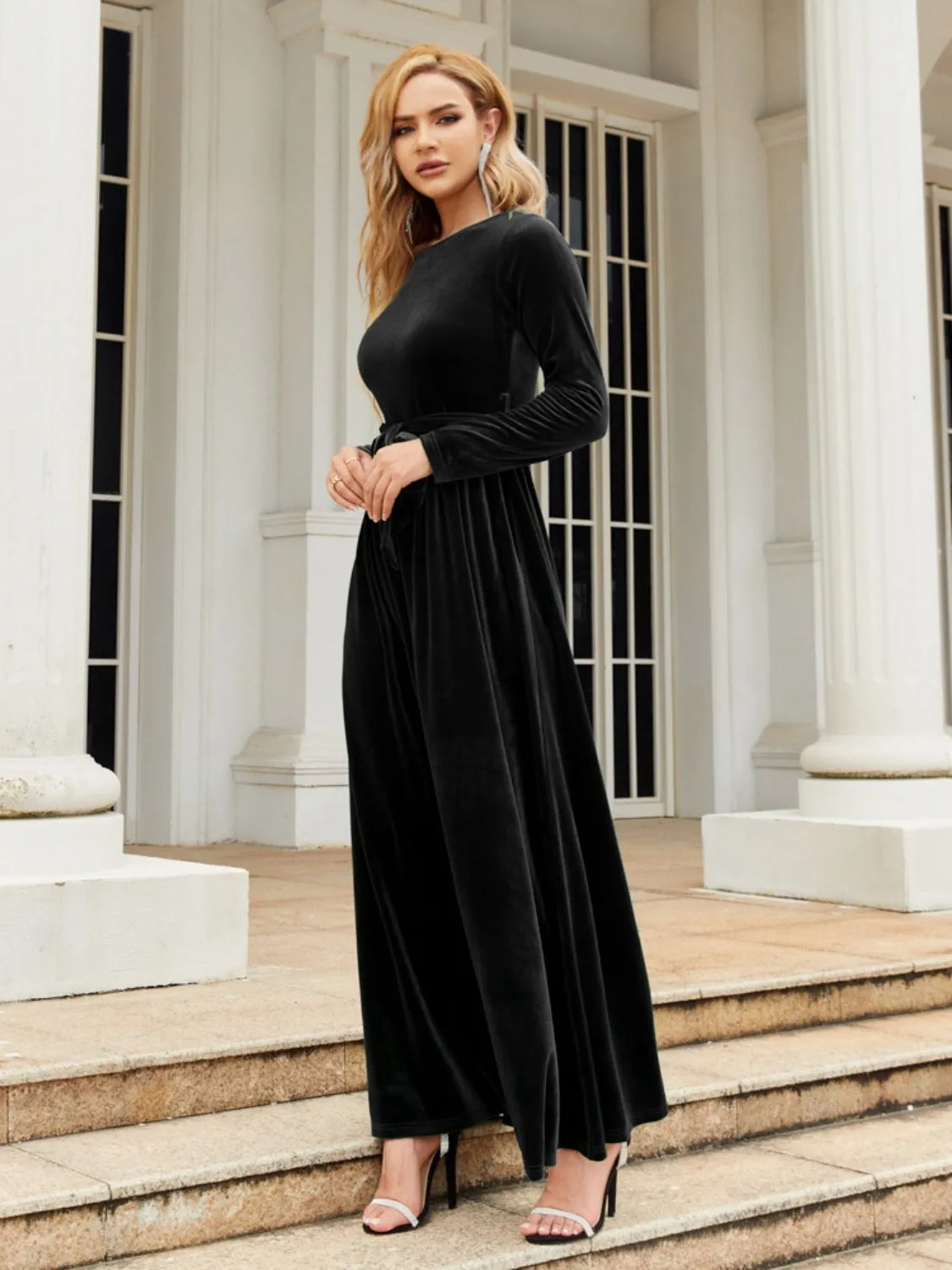 Tie Front Round Neck Long Sleeve Evening Gown