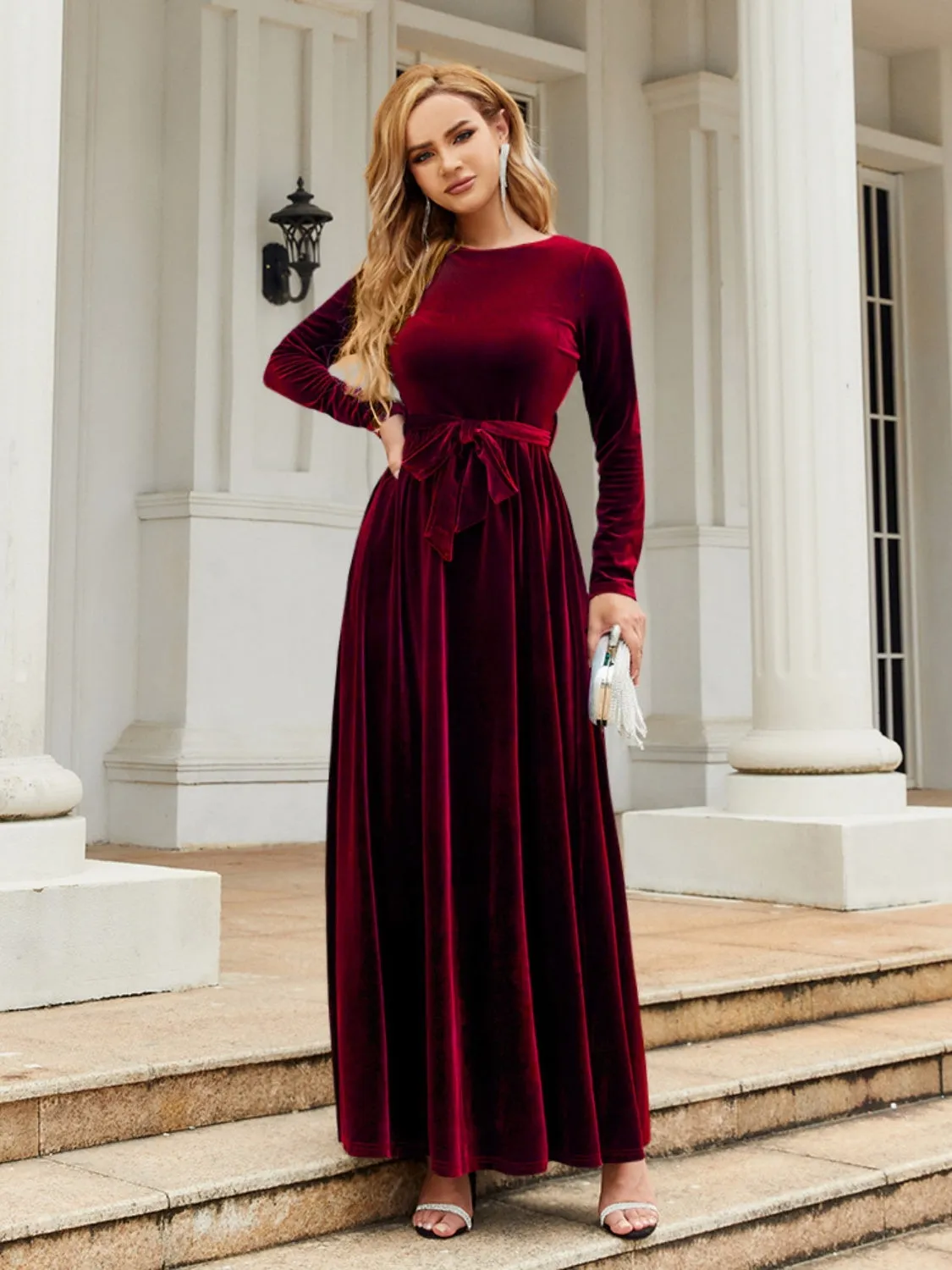 Tie Front Round Neck Long Sleeve Evening Gown