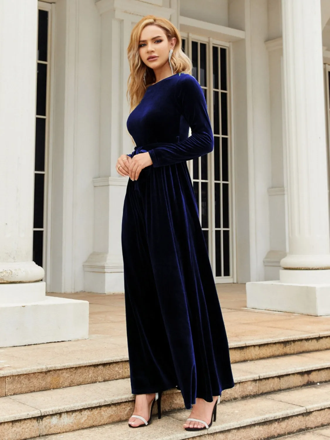 Tie Front Round Neck Long Sleeve Evening Gown