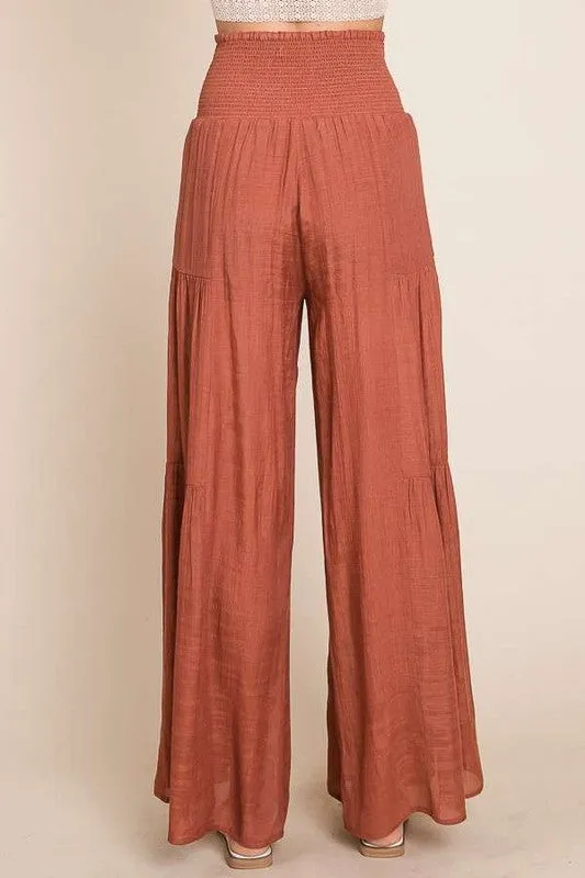 Tie front ruched waist back pants