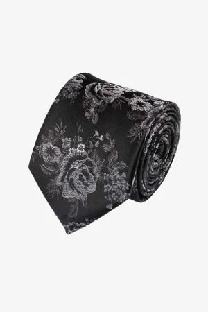 Tie - Silk black grey flowers