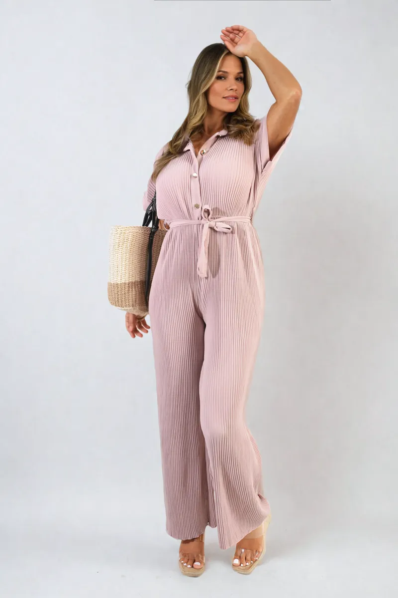 Tie Waist Short Sleeve Pleated Jumpsuit