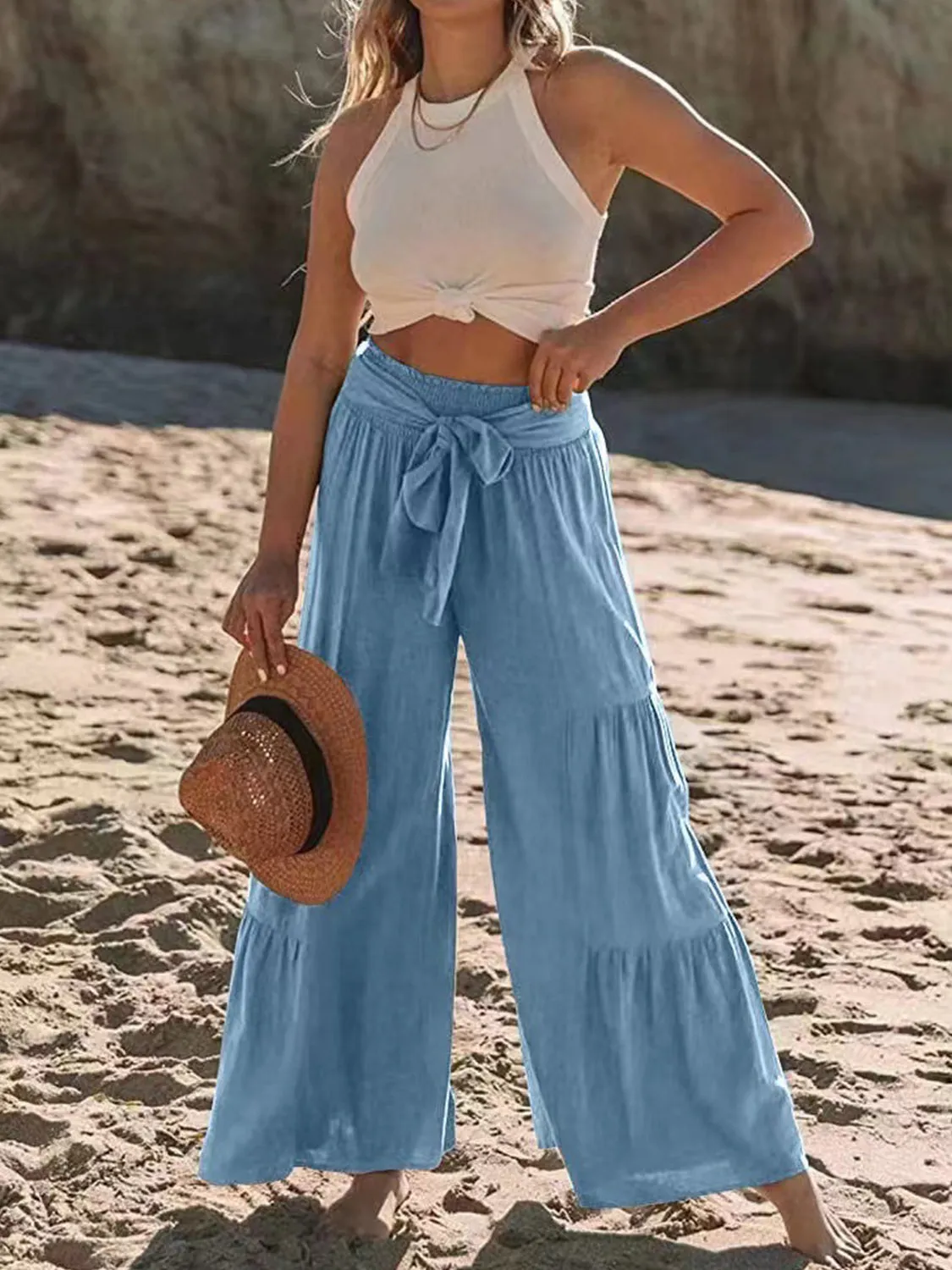 Tied Ruched Wide Leg Beach Pants