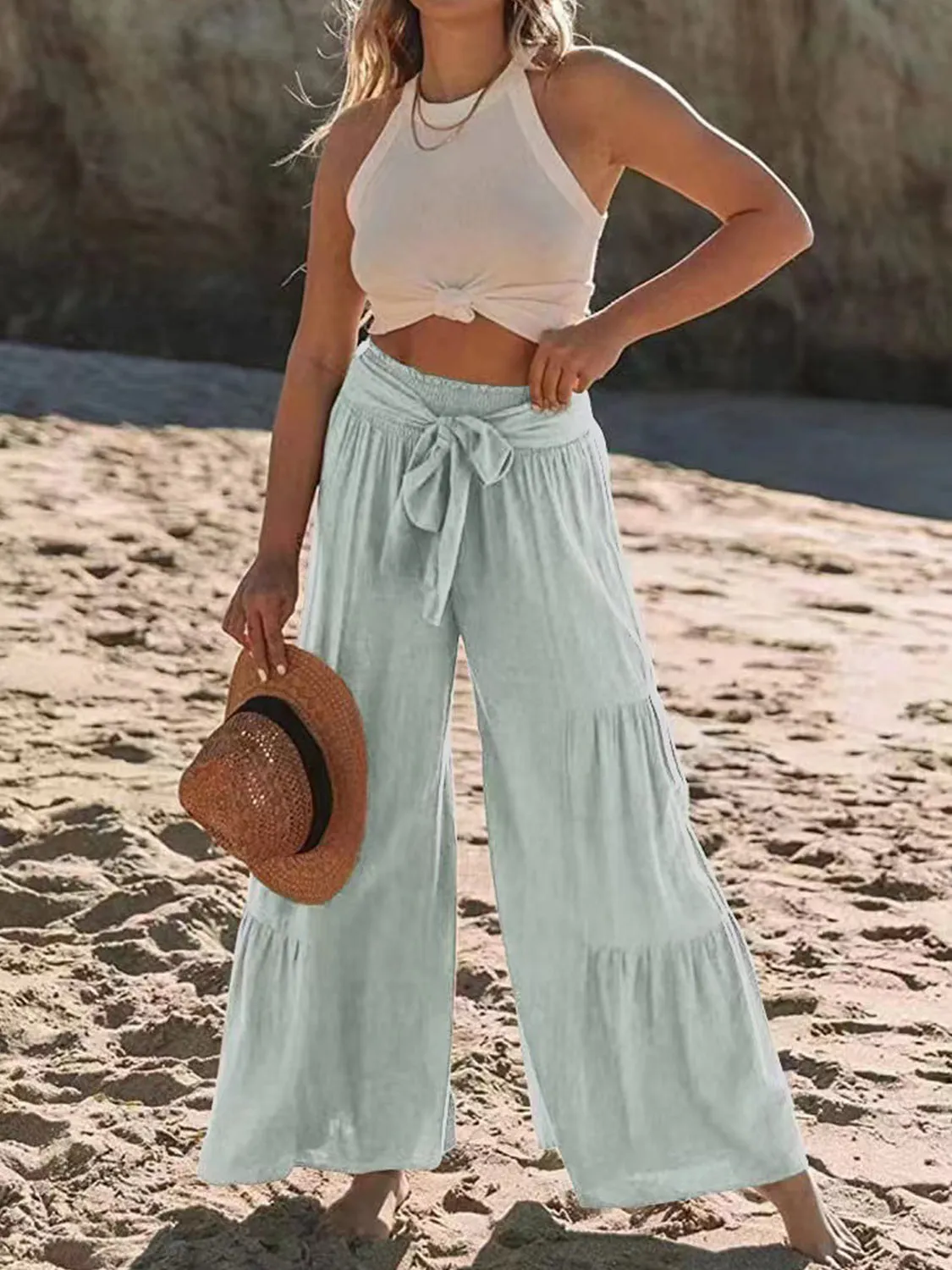 Tied Ruched Wide Leg Beach Pants