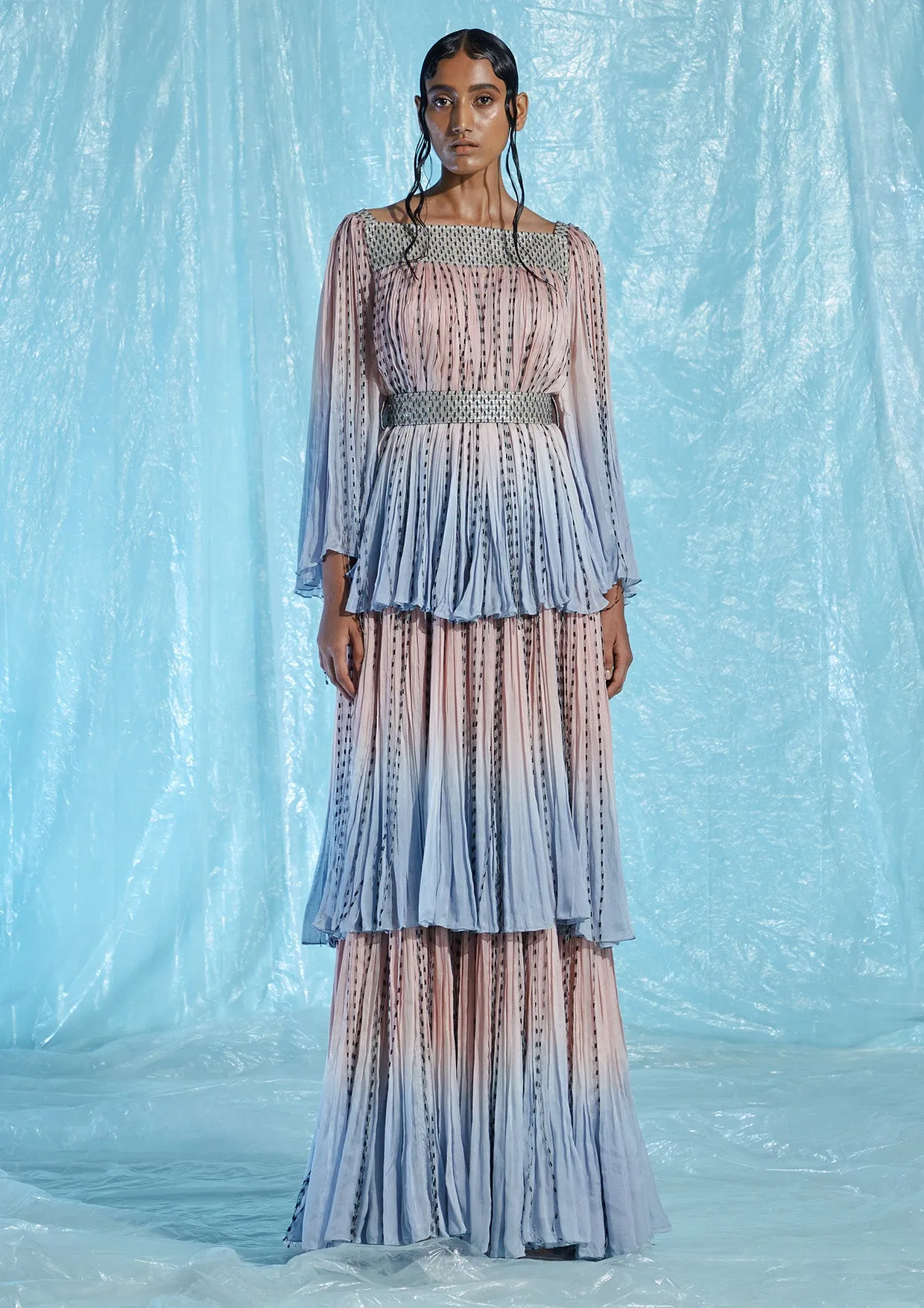 Tiered Belted Chiffon Maxi Dress