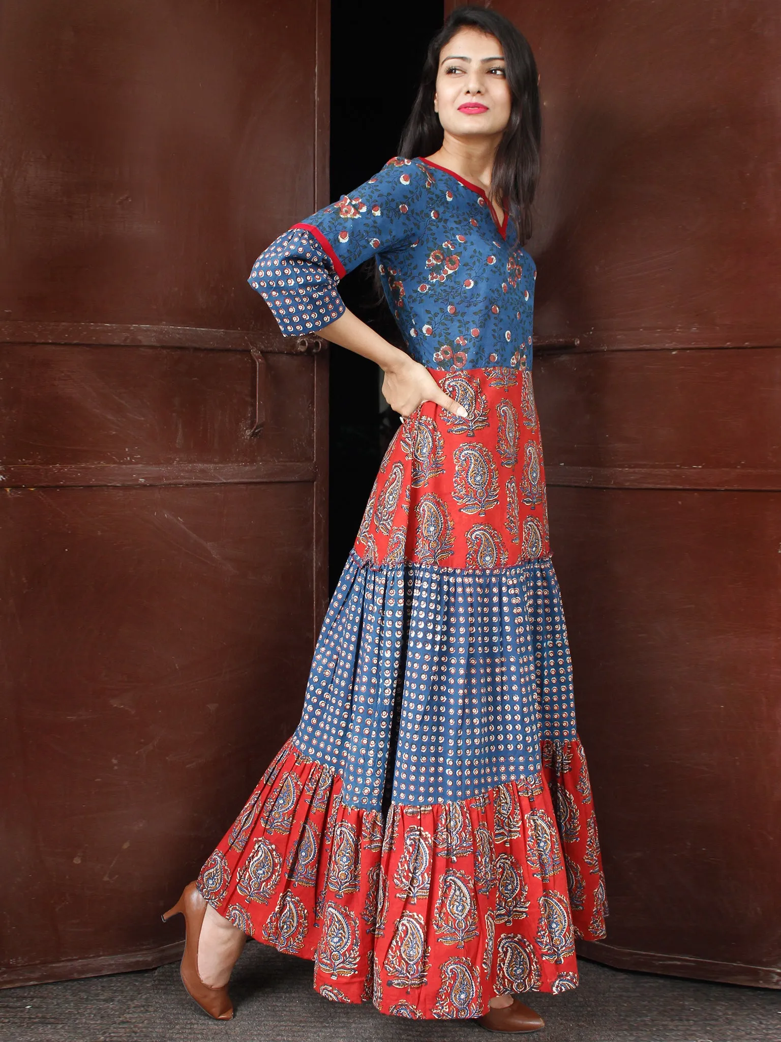 TIERED BLOCKS - Hand Block Printed Long Cotton Dress - D346F1827