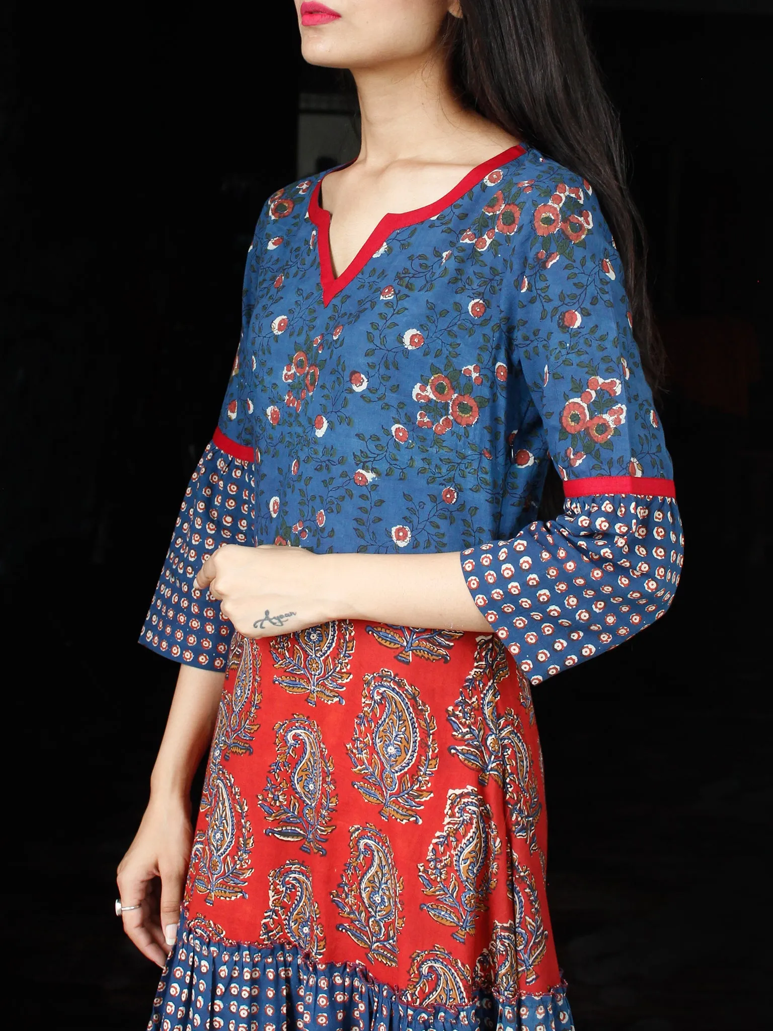 TIERED BLOCKS - Hand Block Printed Long Cotton Dress - D346F1827