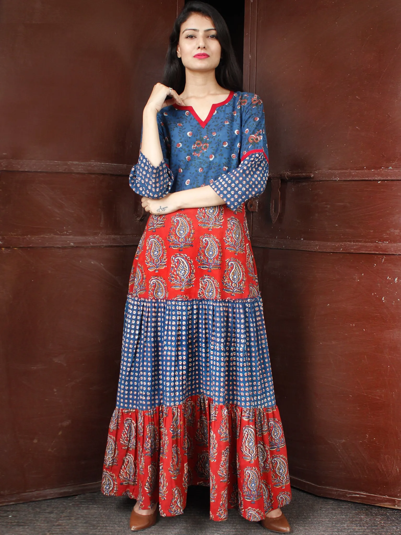 TIERED BLOCKS - Hand Block Printed Long Cotton Dress - D346F1827