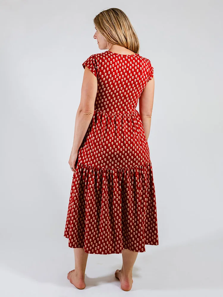 Tiered Jersey Dress - Micro Floral Red