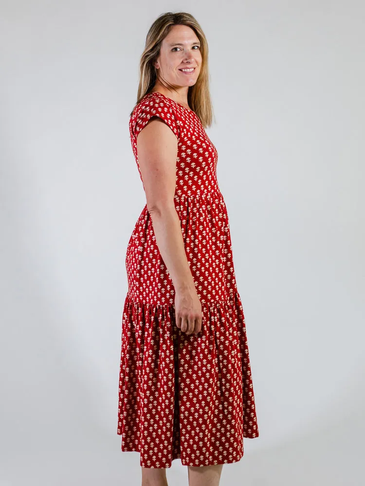 Tiered Jersey Dress - Micro Floral Red