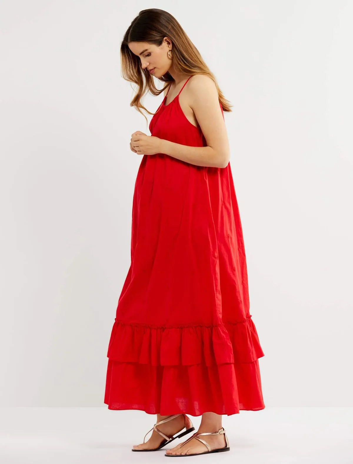 Tiered Maxi Maternity Dress in Red