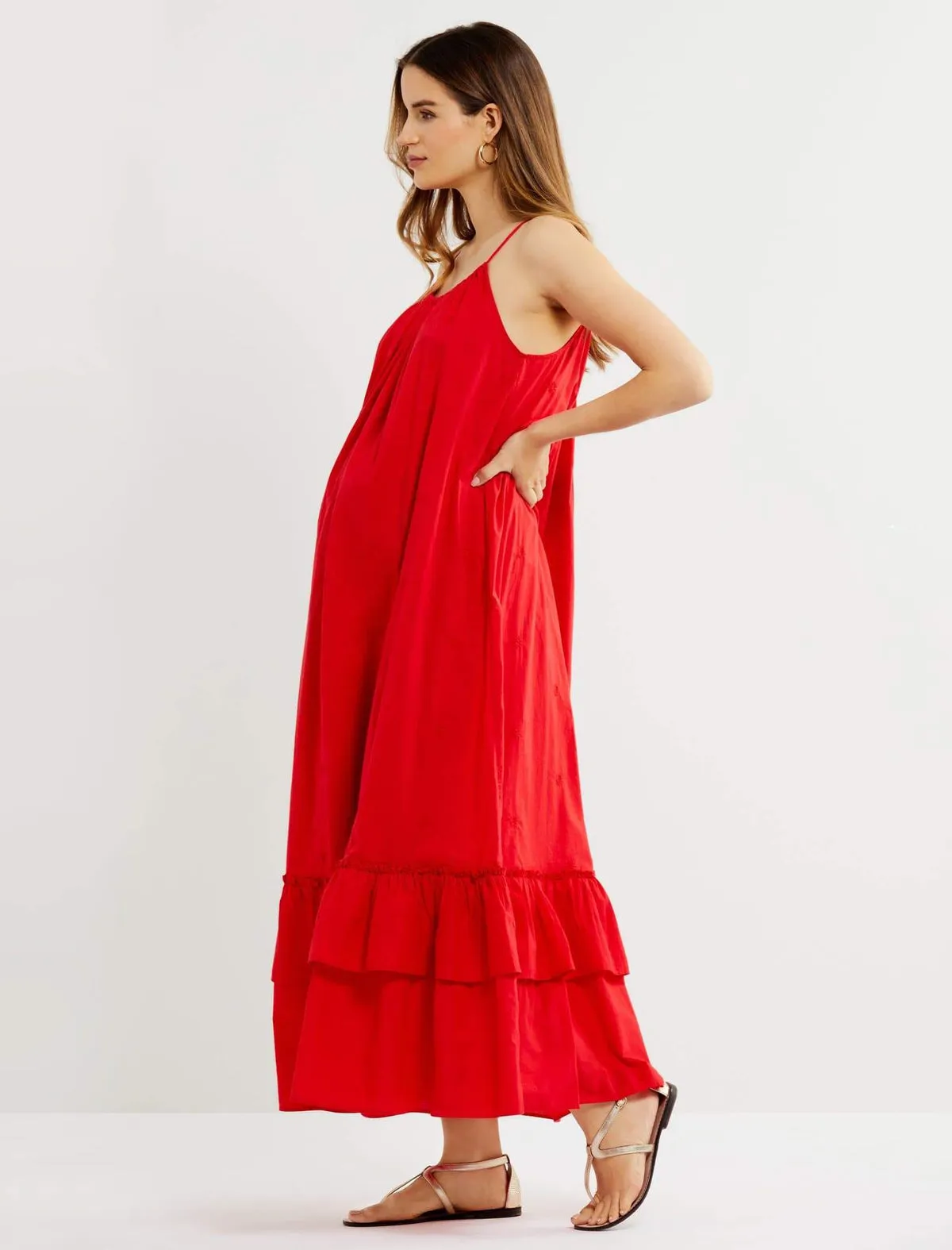 Tiered Maxi Maternity Dress in Red