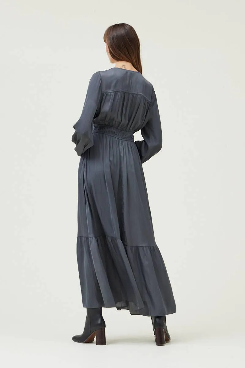 TIERED SATIN MAXI DRESS