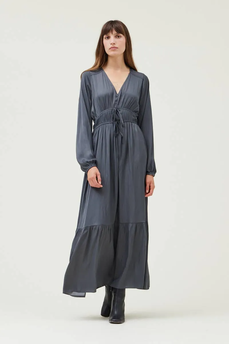 TIERED SATIN MAXI DRESS