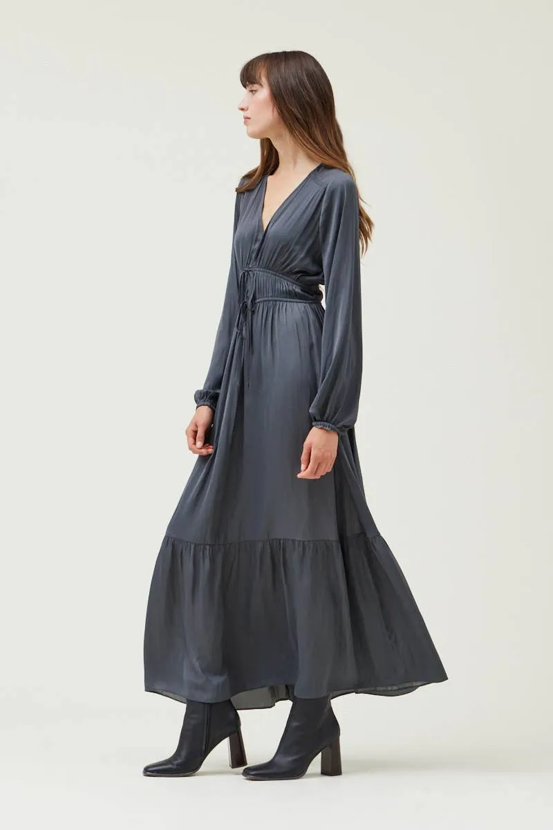 TIERED SATIN MAXI DRESS