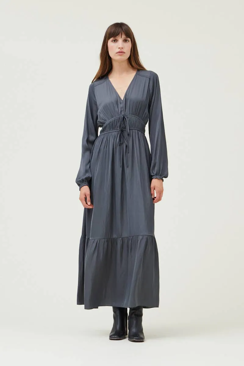 TIERED SATIN MAXI DRESS