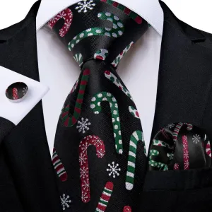 Ties2you Black Colorful Christmas Candy Cane Necktie Pocket Square Cufflinks Set