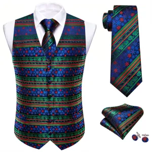 Ties2you Blue Green Red Striped Snow Christmas Vest Necktie Set