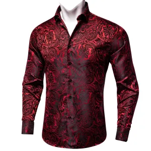 Ties2you Button Down Shirt Dark Red Paisley Men's Long Sleeve Shirt