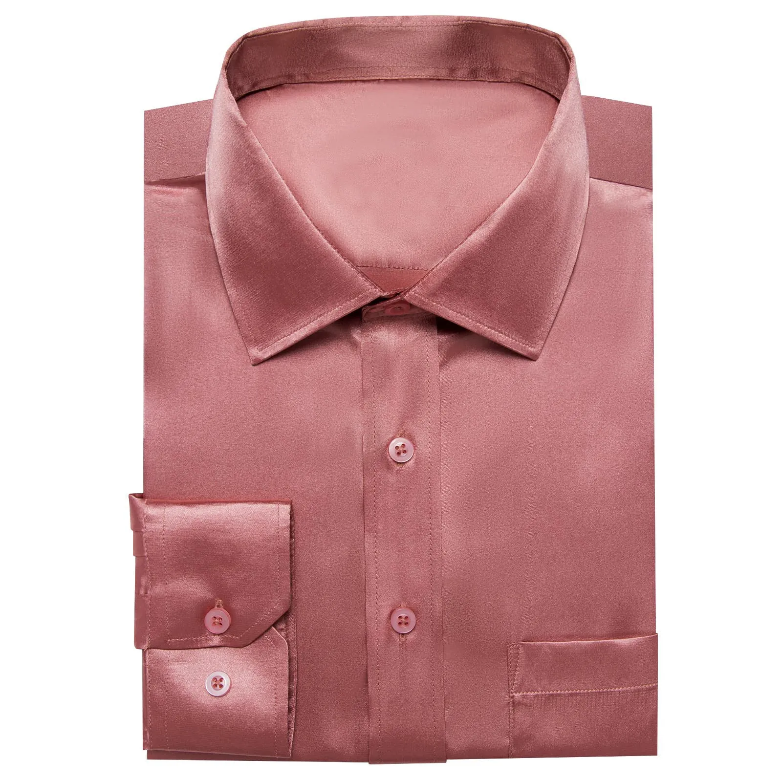 Ties2you Collar Shirt Coral Red Satin Solid Button Up Long Sleeve Shirts for Men