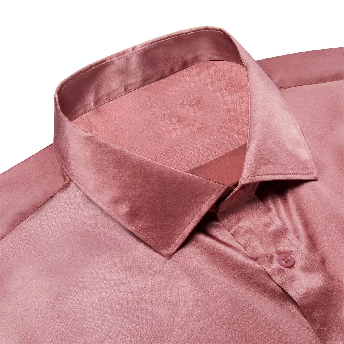 Ties2you Collar Shirt Coral Red Satin Solid Button Up Long Sleeve Shirts for Men