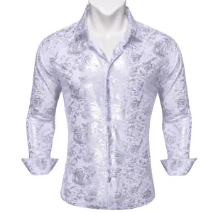 Ties2you Dress Shirt White Hot Stamping Floral Long Sleeve Button Up Shirts for Men Wedding