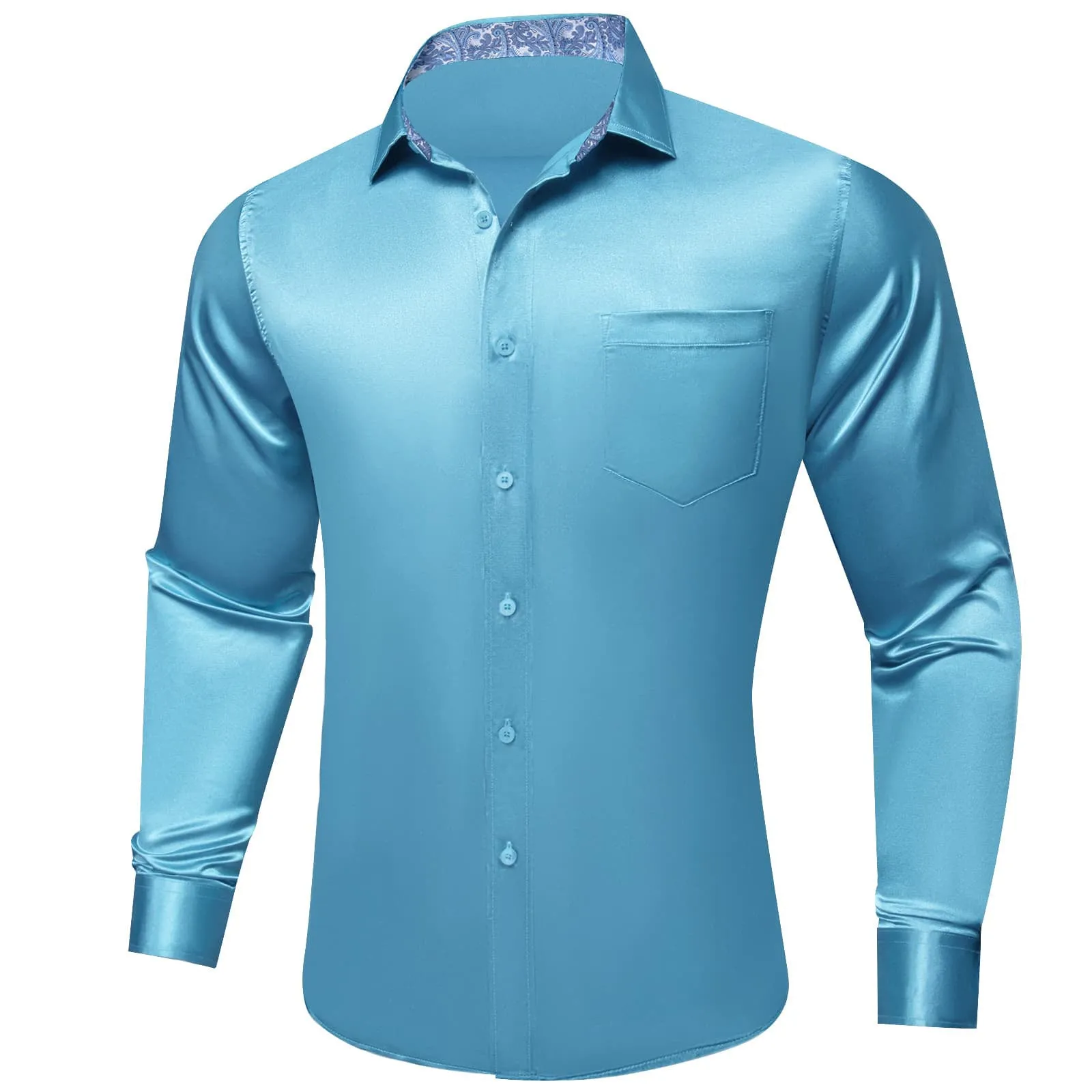 Ties2you Men's Shirt Sky Blue Satin Solid Long Sleeve Button Down Shirt