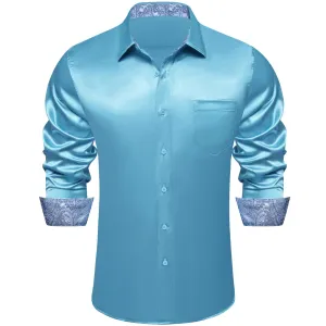 Ties2you Men's Shirt Sky Blue Satin Solid Long Sleeve Button Down Shirt