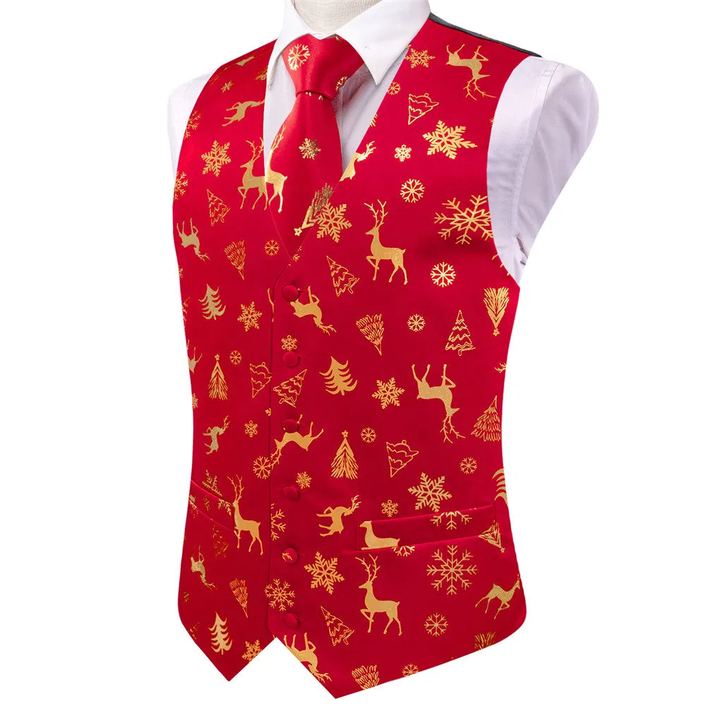 Ties2you Mens Silk Waistcoat Red Gold Christmas Elements Vest Necktie Set