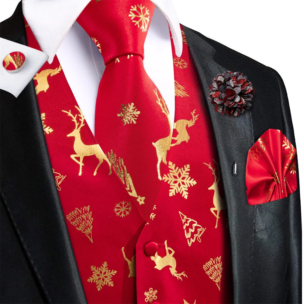 Ties2you Mens Silk Waistcoat Red Gold Christmas Elements Vest Necktie Set